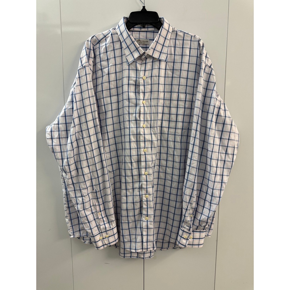 Peter Millar Crown Soft Shirt XXL Mens Blue Pink Plaid Cotton Silk Blend L/S